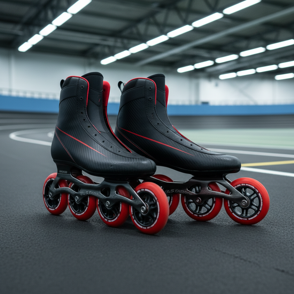 A pair of sleek, modern inline speed skates resting on a smooth, dark rubber track surface, photographed in sharp, photographic realism. The boots are matte black carbon fiber with subtle red accents, ultra-thin wheels aligned in a perfect row, and precision bearings visible at the hubs. In the background, a blurred indoor track curves away with clean lane markings and muted blue safety padding along the walls. Cool, diffused overhead lighting reflects gently off the polished wheel edges, creating crisp highlights and soft shadows beneath the skates. Shot at eye level with a shallow depth of field, the composition centers the skates in the lower third, evoking a professional, focused, and performance-driven atmosphere ideal for a coaching brand homepage hero image.